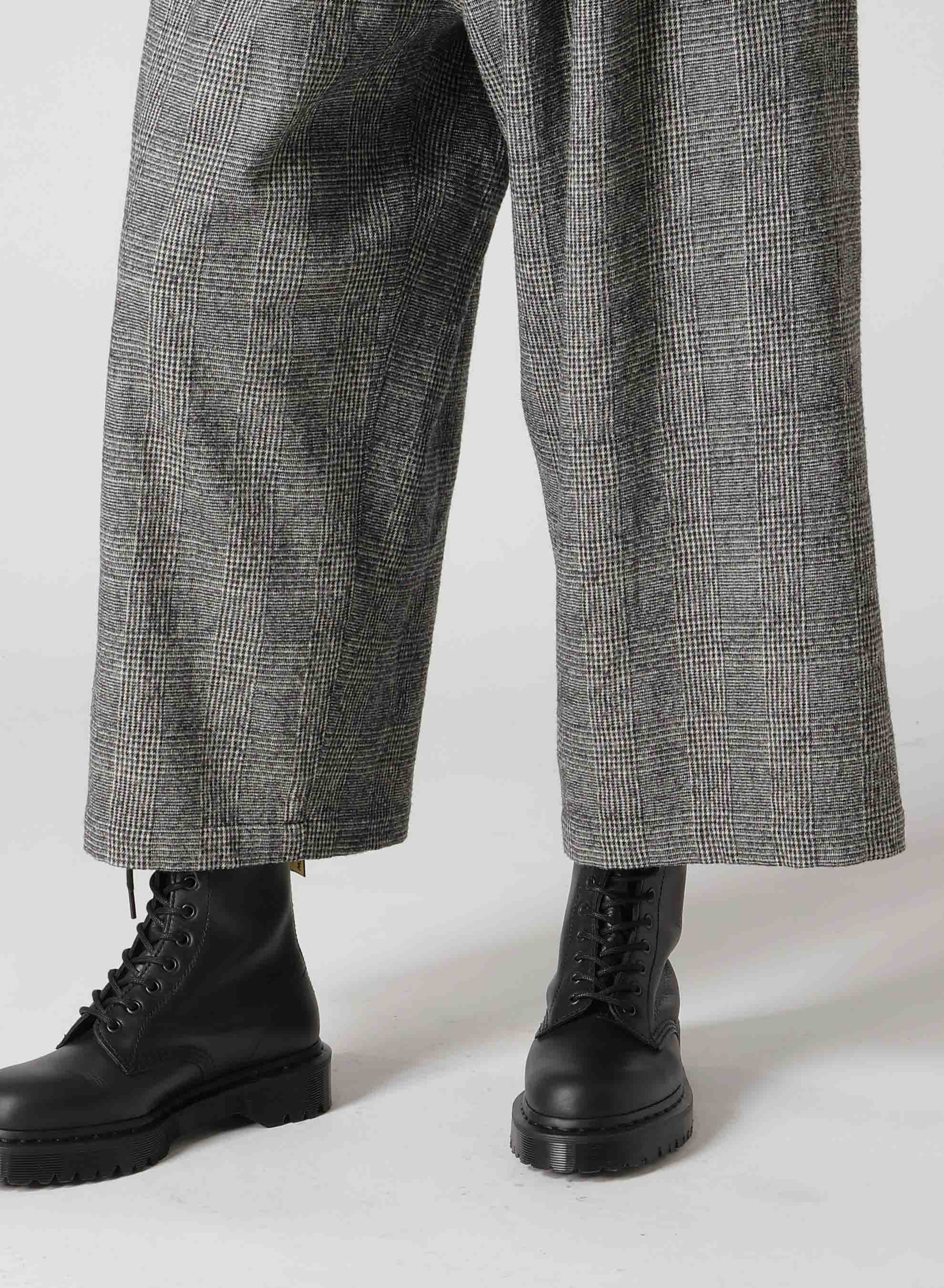 COTTON WOOL GLEN CHECK FRONT TUCK WIDE PANTS