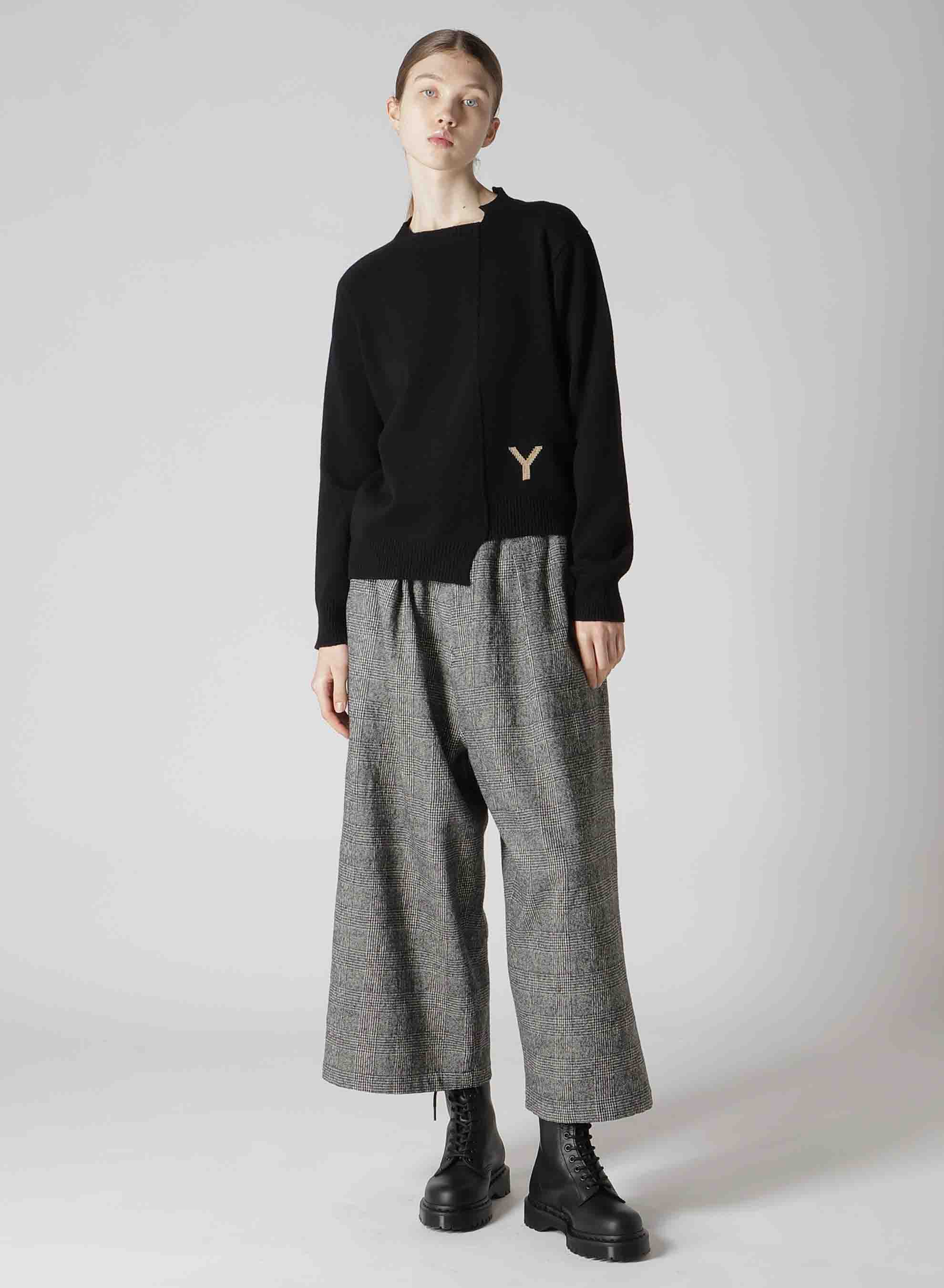 COTTON WOOL GLEN CHECK FRONT TUCK WIDE PANTS