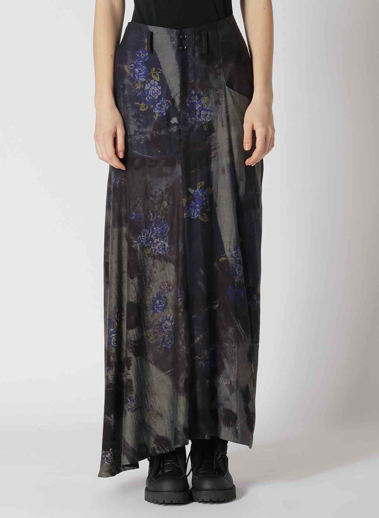 CU/ TWILL STEPPED ON FLOWER PT ASYMMETRIC LONG SKIRT