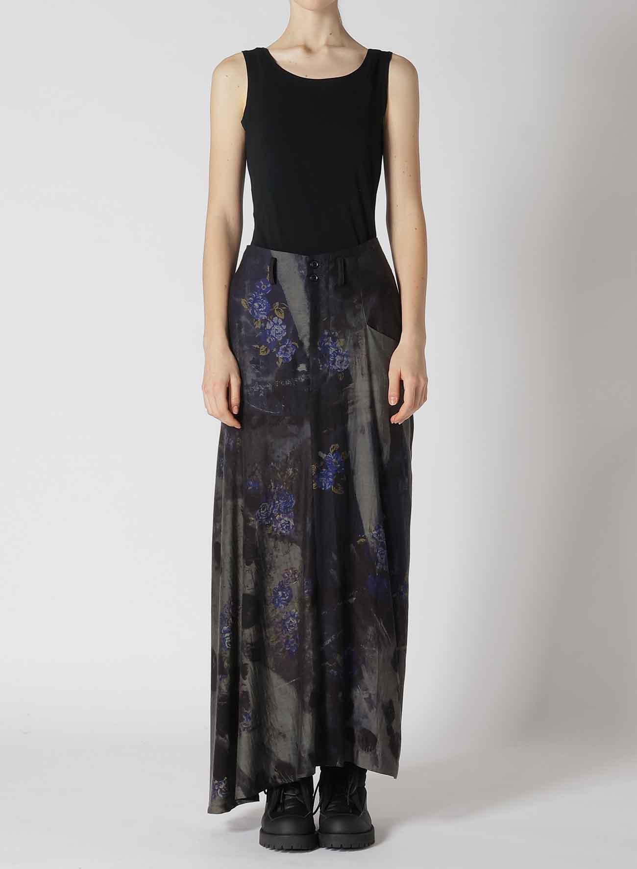 CU/ TWILL STEPPED ON FLOWER PT ASYMMETRIC LONG SKIRT