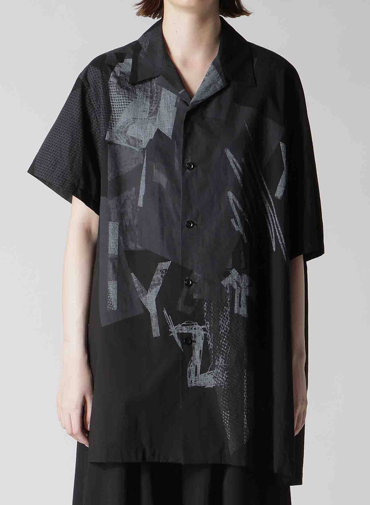 Y'S COLLAGE PRINT ASYMMETRIC OPEN COLLAR BLOUSE