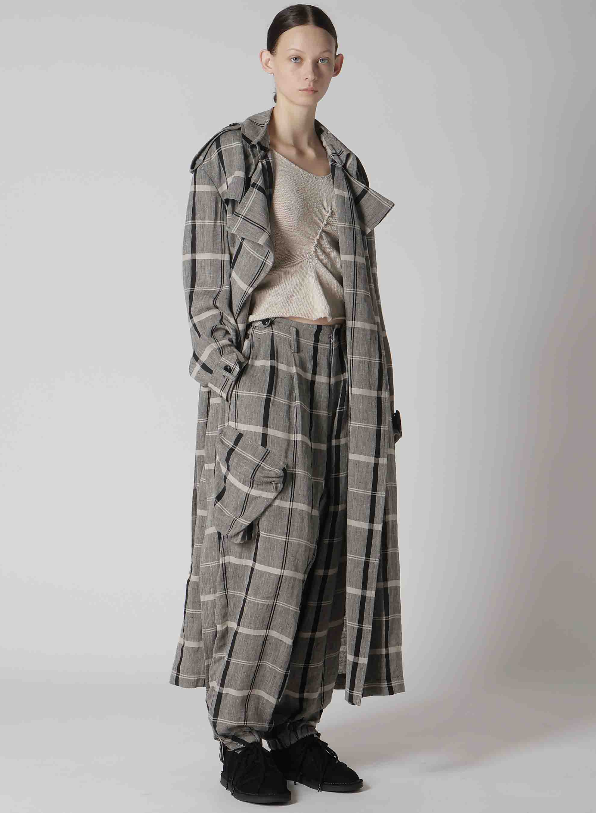 LINEN/NYLON PLAID TRENCH COAT