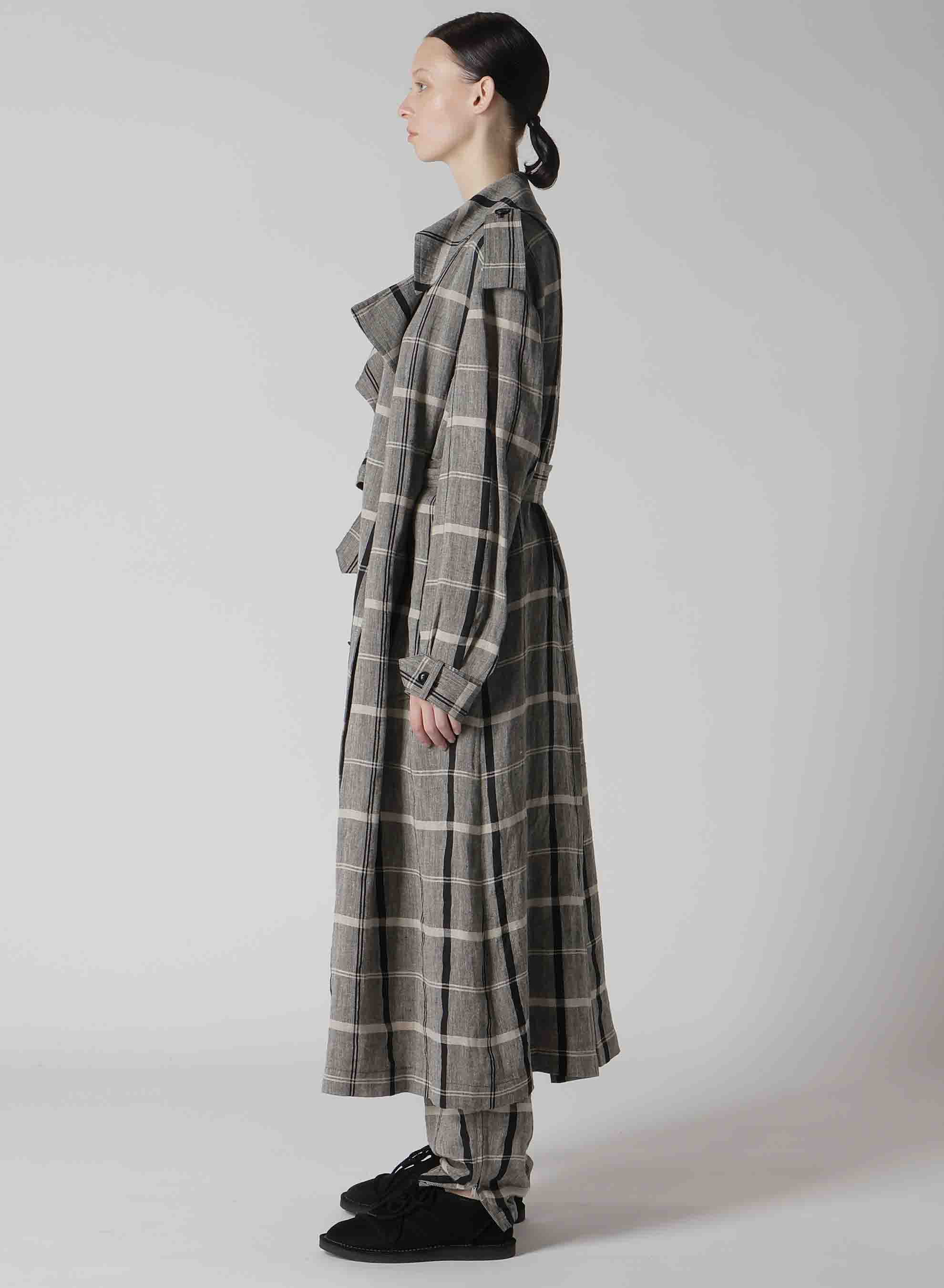 LINEN/NYLON PLAID TRENCH COAT