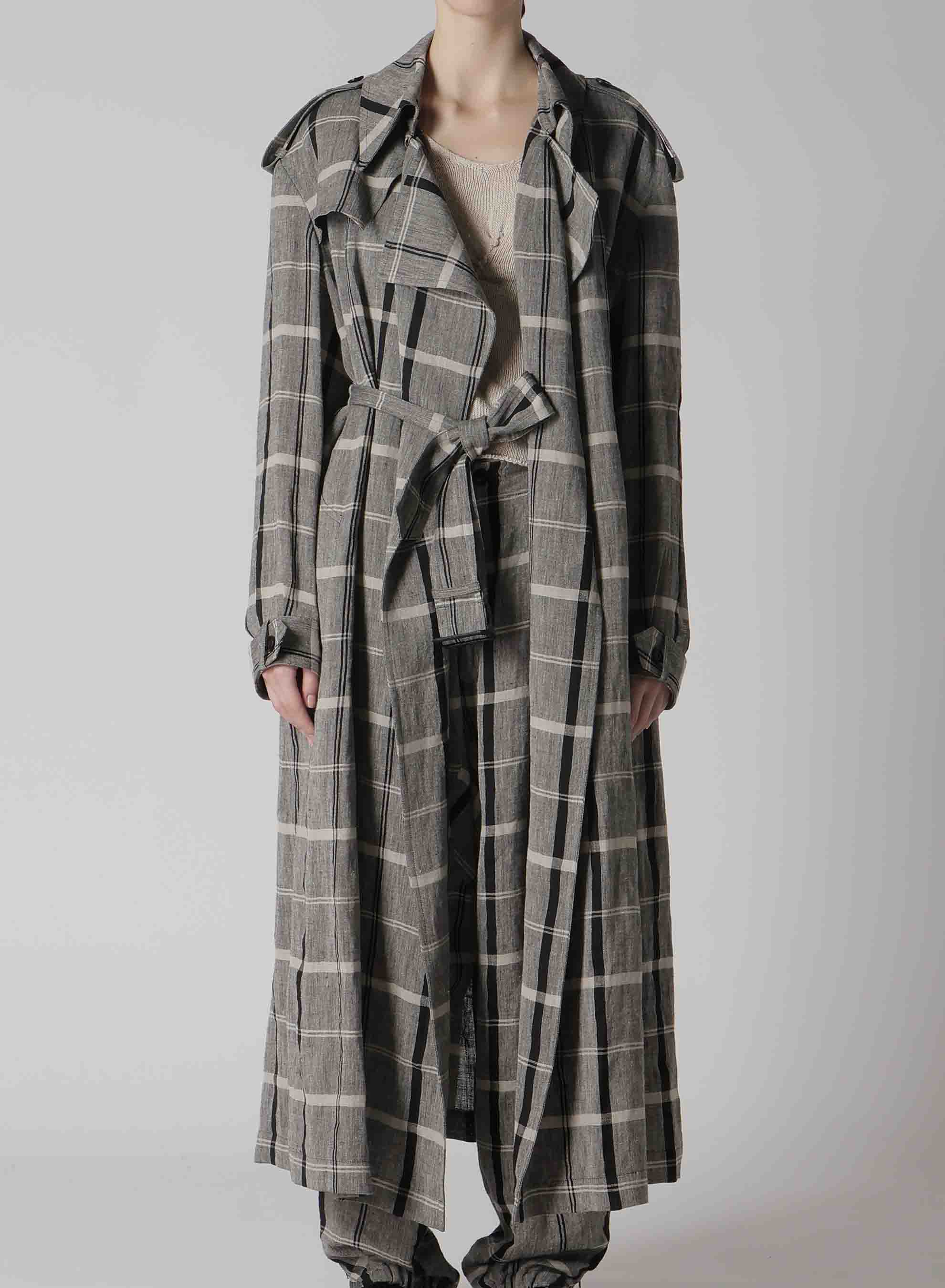 LINEN/NYLON PLAID TRENCH COAT