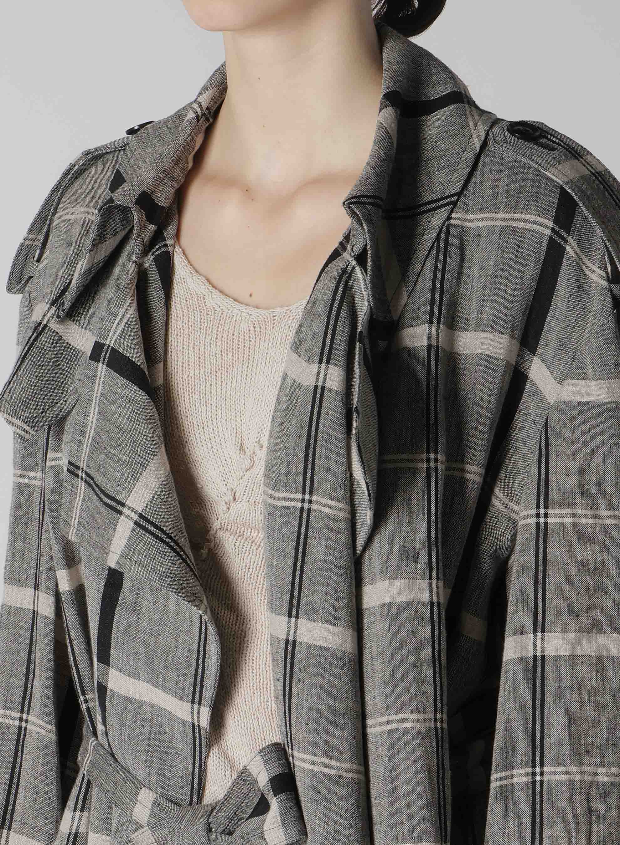 LINEN/NYLON PLAID TRENCH COAT