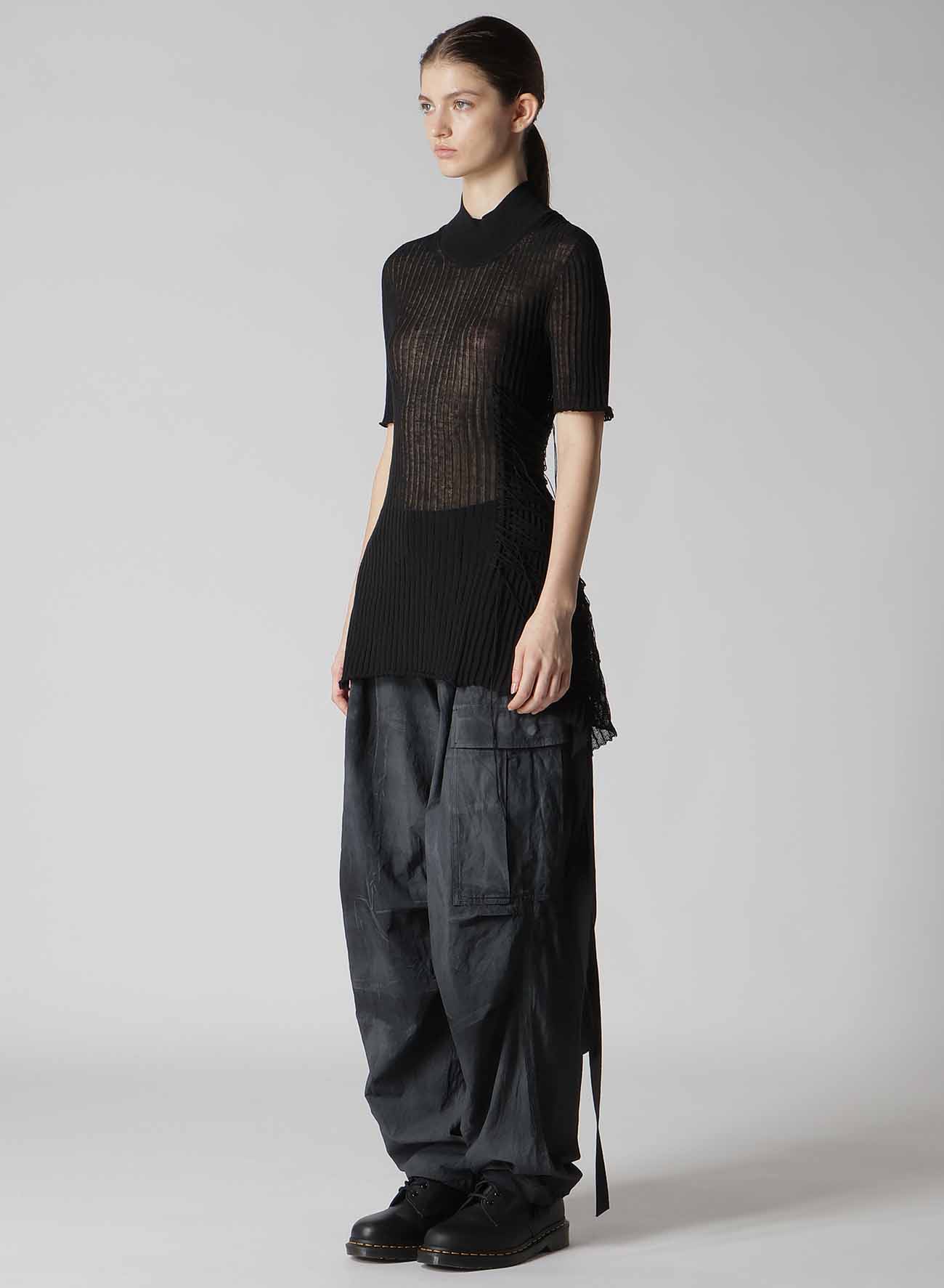 WIDE RIB WG ASYMMETRIC LACE UP HALF SLEEVE T
