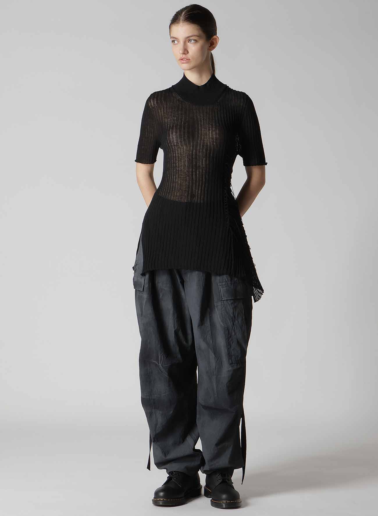 WIDE RIB WG ASYMMETRIC LACE UP HALF SLEEVE T