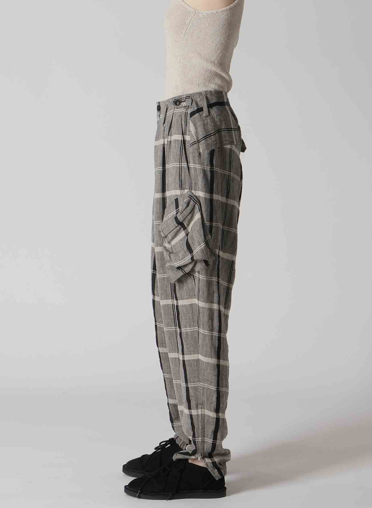 LINEN/NYLON PLAID ZIP POCKET PANTS