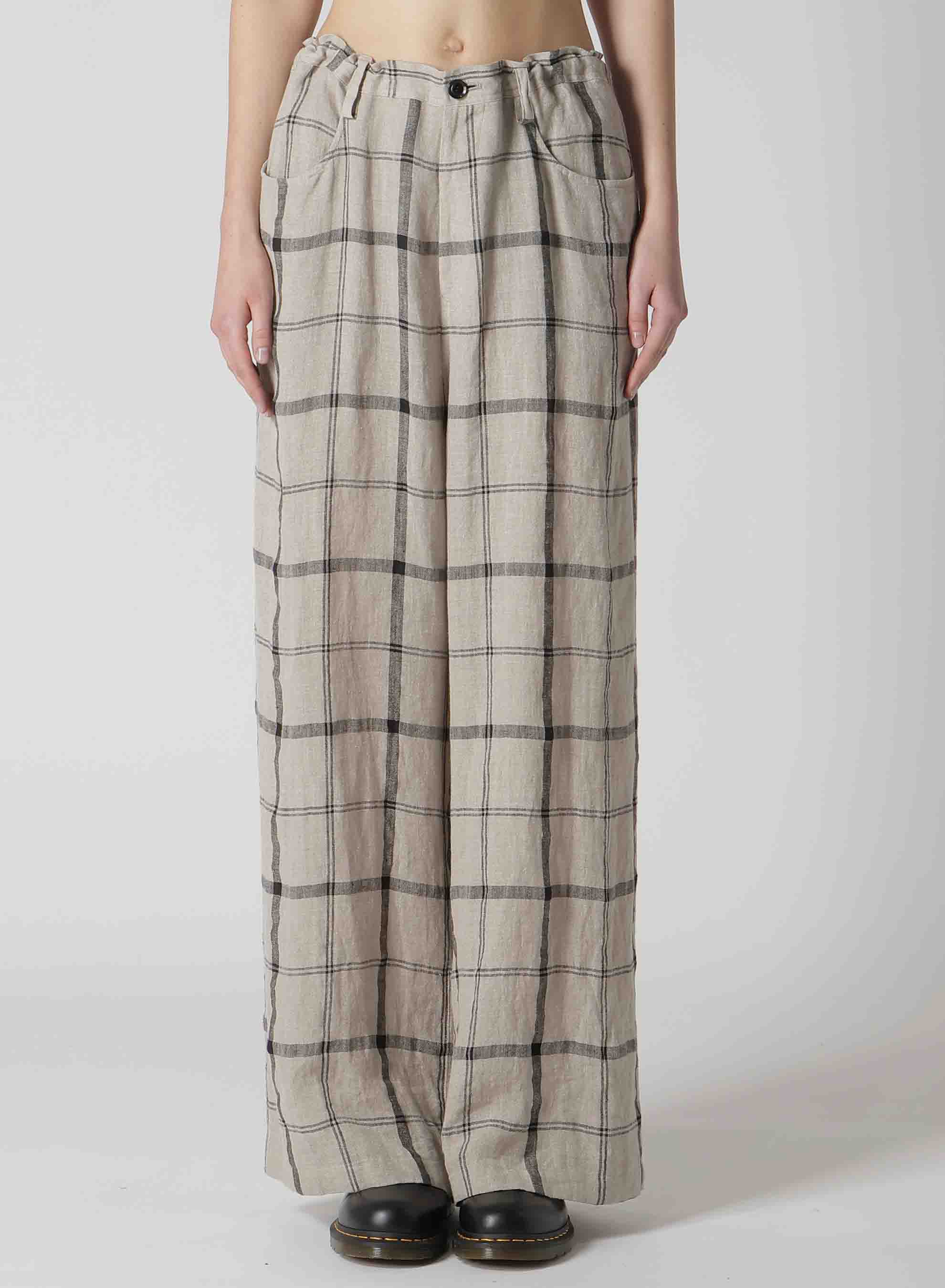 LINEN/NYLON PLAID LONG STRAIGHT PANTS