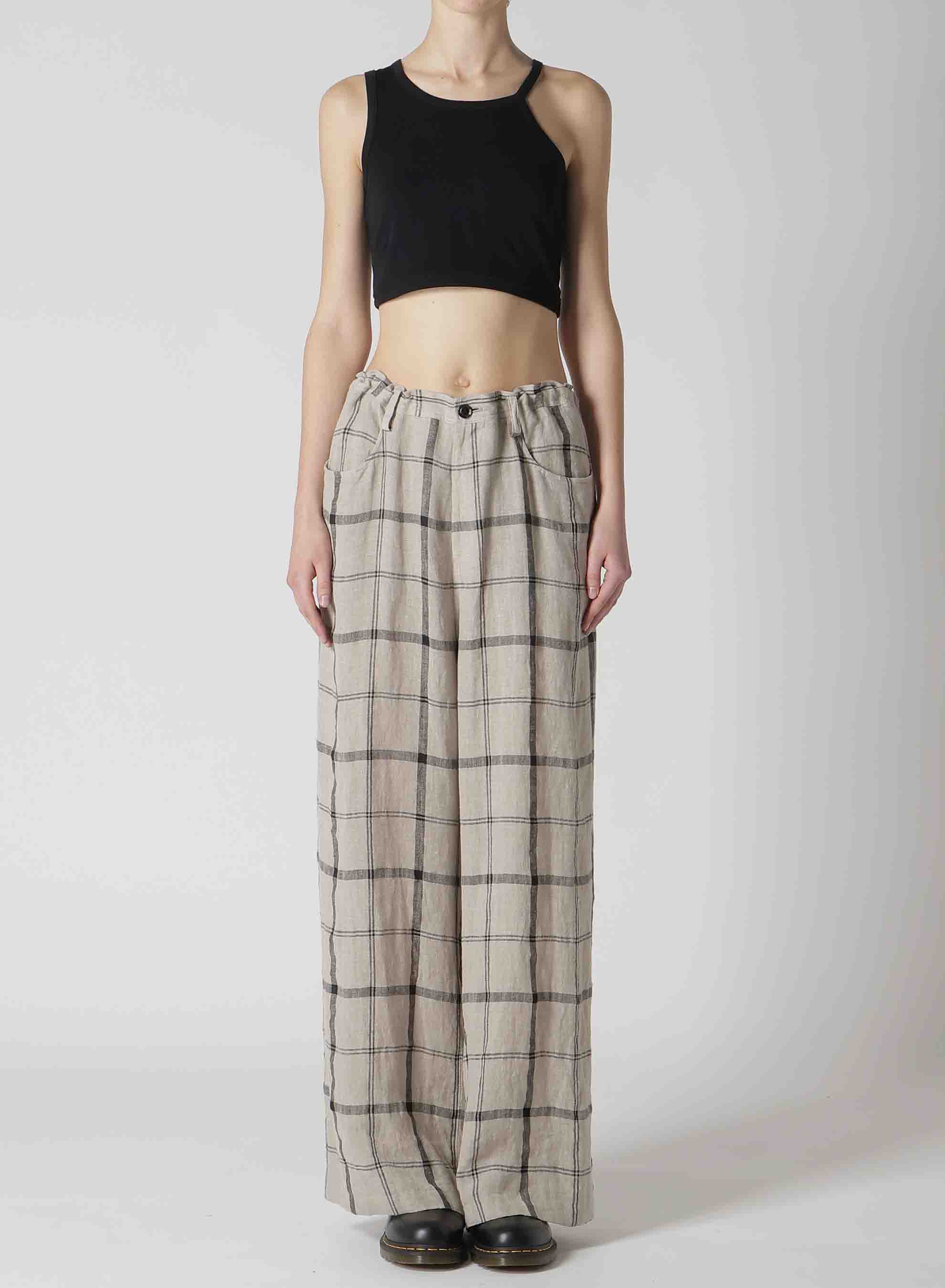 LINEN/NYLON PLAID LONG STRAIGHT PANTS