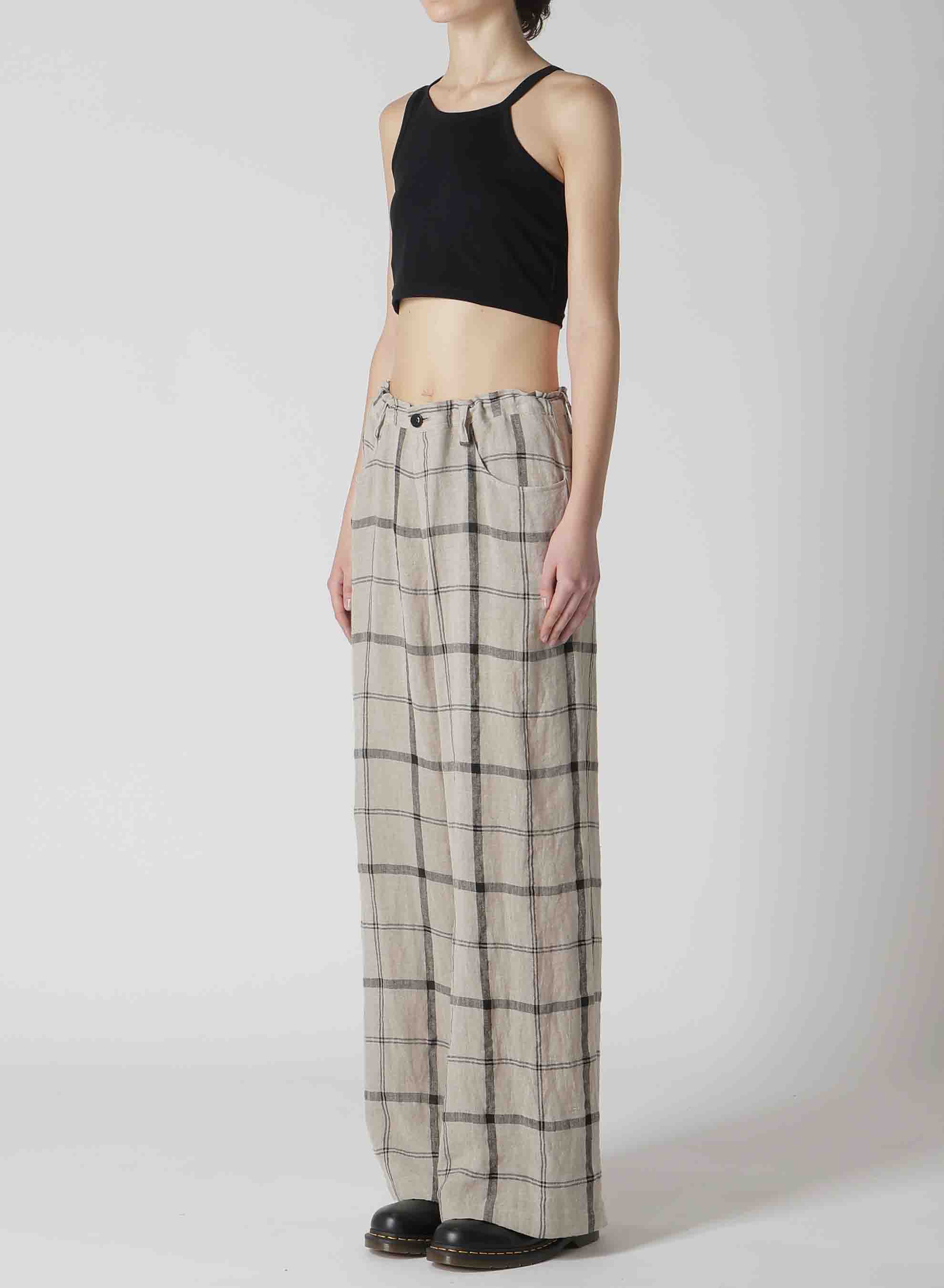 LINEN/NYLON PLAID LONG STRAIGHT PANTS