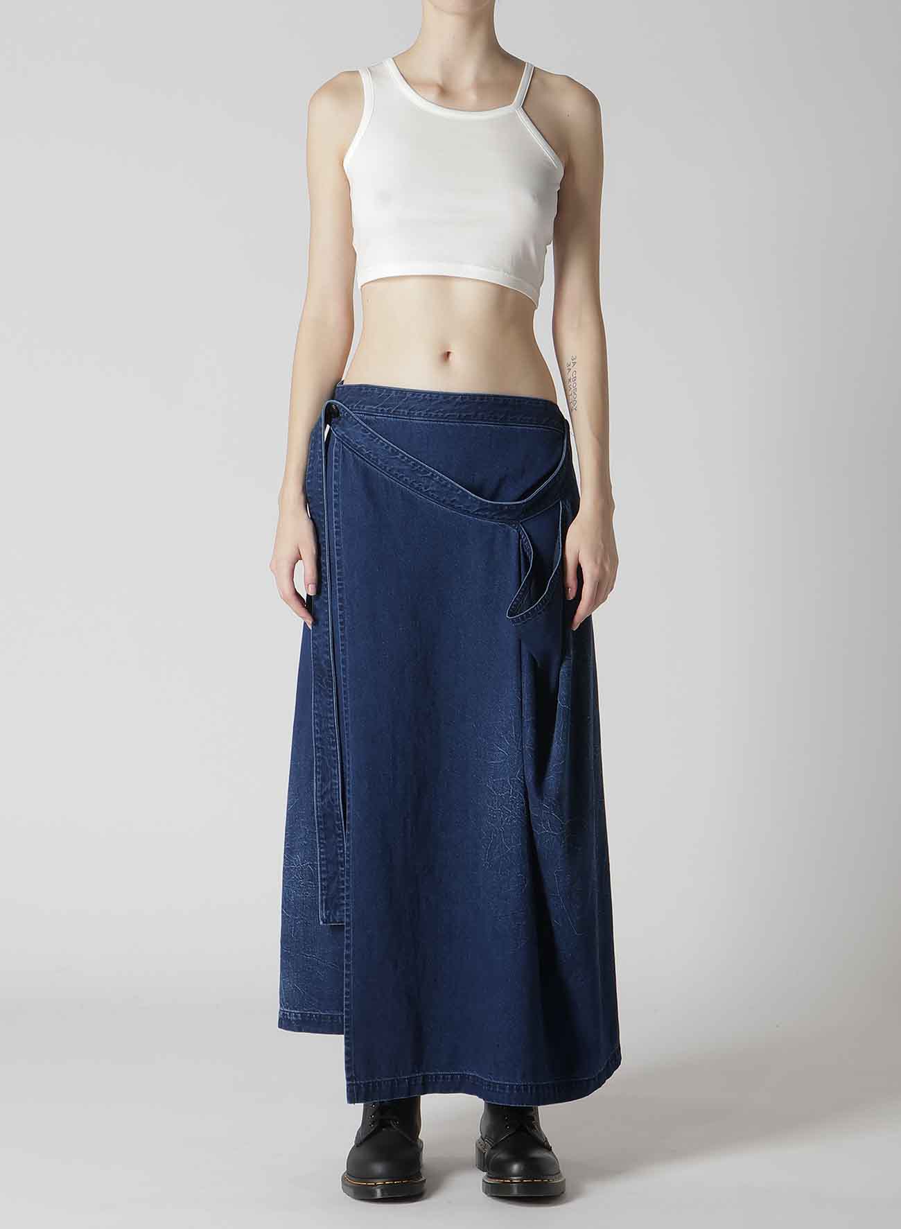 8OZ BLEACHED VINTAGE LIKE DENIM DRAPE WRAP SKIRT