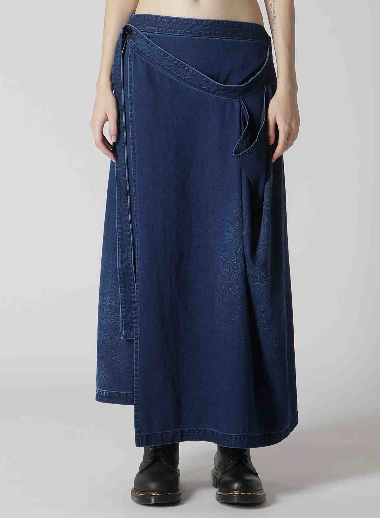 8OZ BLEACHED VINTAGE LIKE DENIM DRAPE WRAP SKIRT