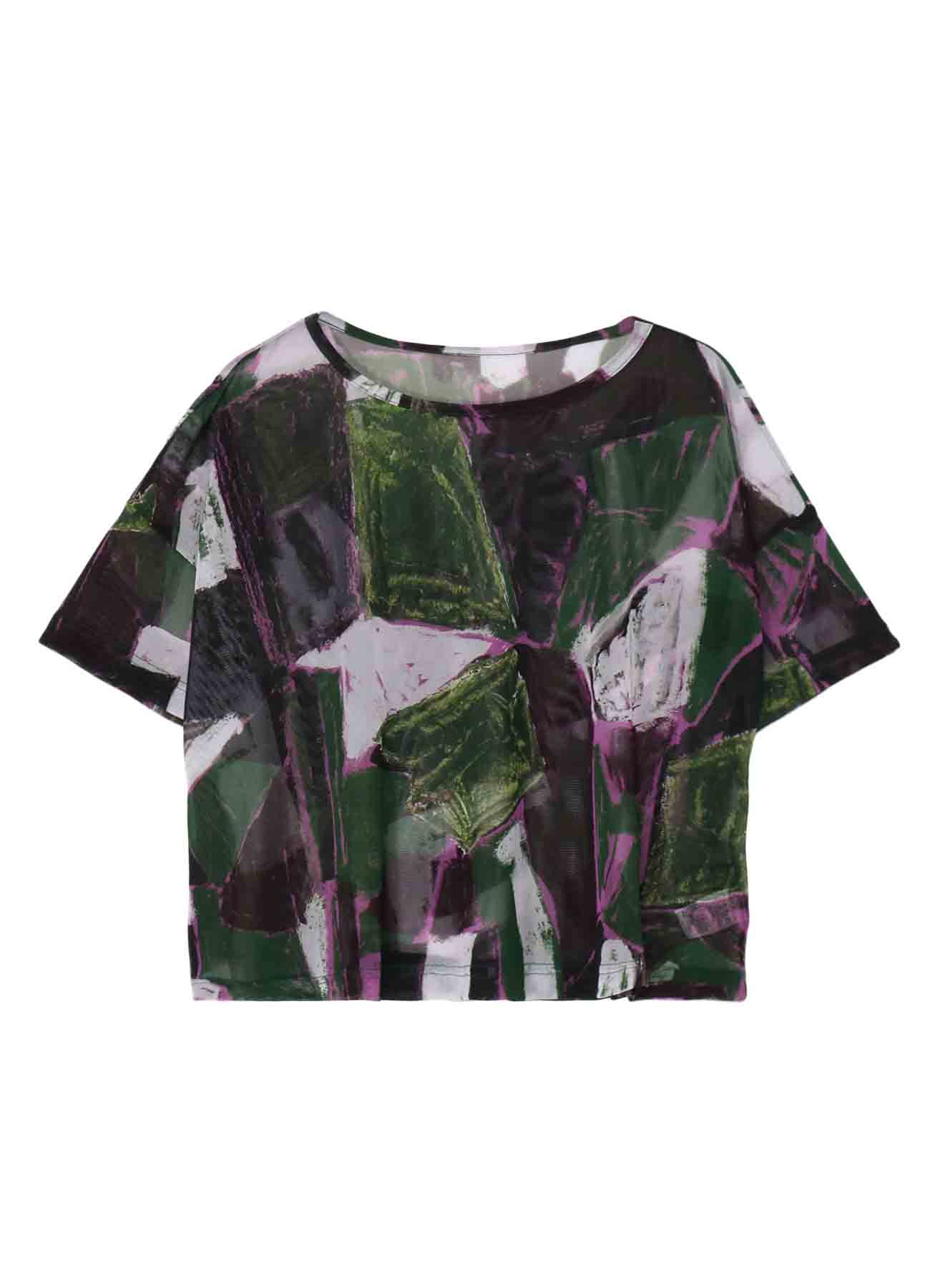 TULLE ABSTRACT PAINTING PATTERN LOOSE ROUND NECK T