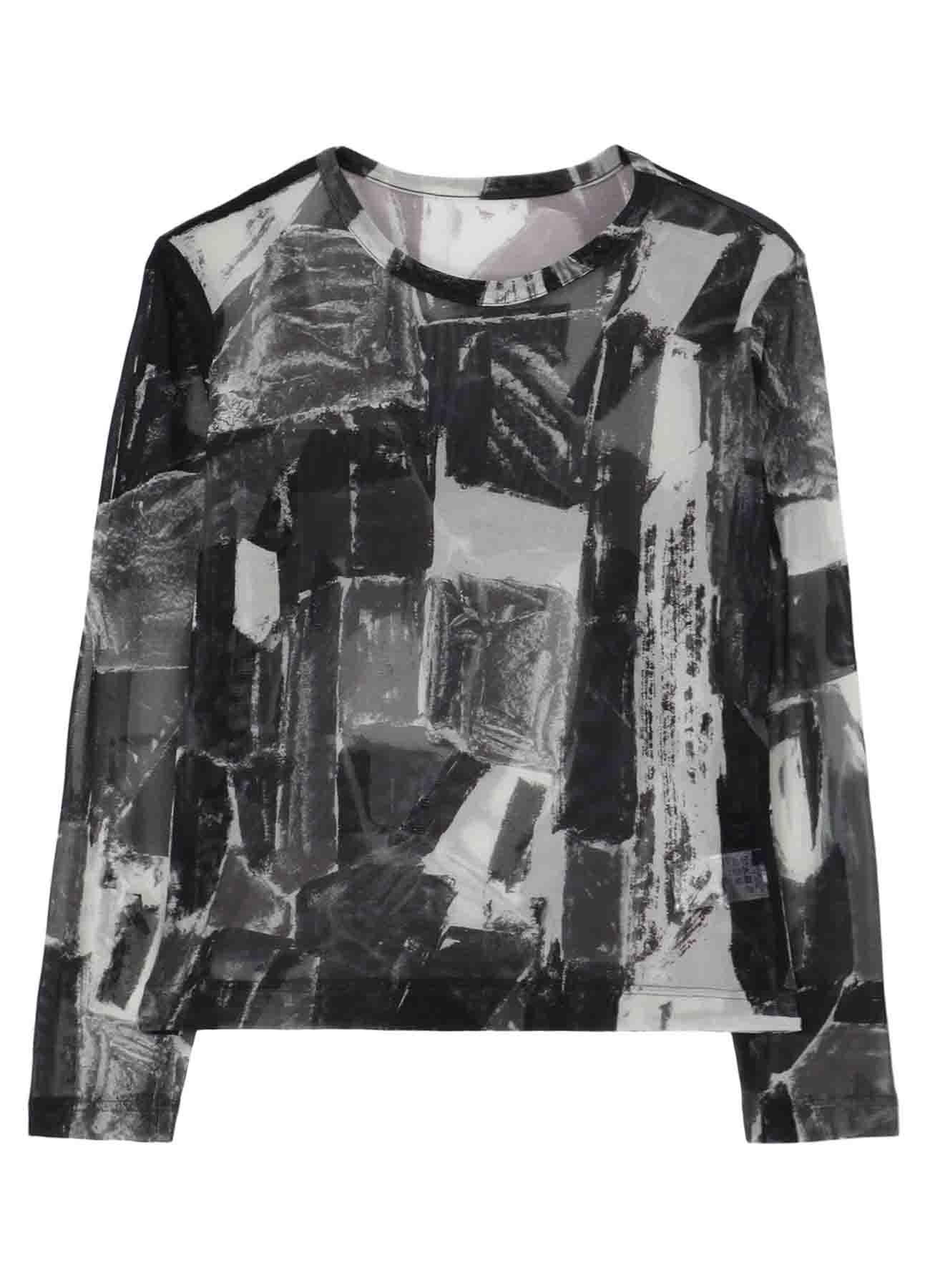 TULLE ABSTRACT PAINTING PATTERN ROUND NECK LONG SLEEVE T