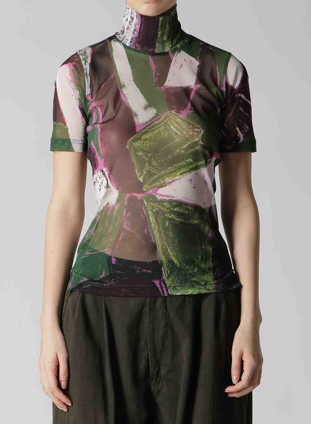 TULLE ABSTRACT PAINTING PATTERN HIGH NECK SHORT SLEEVE T