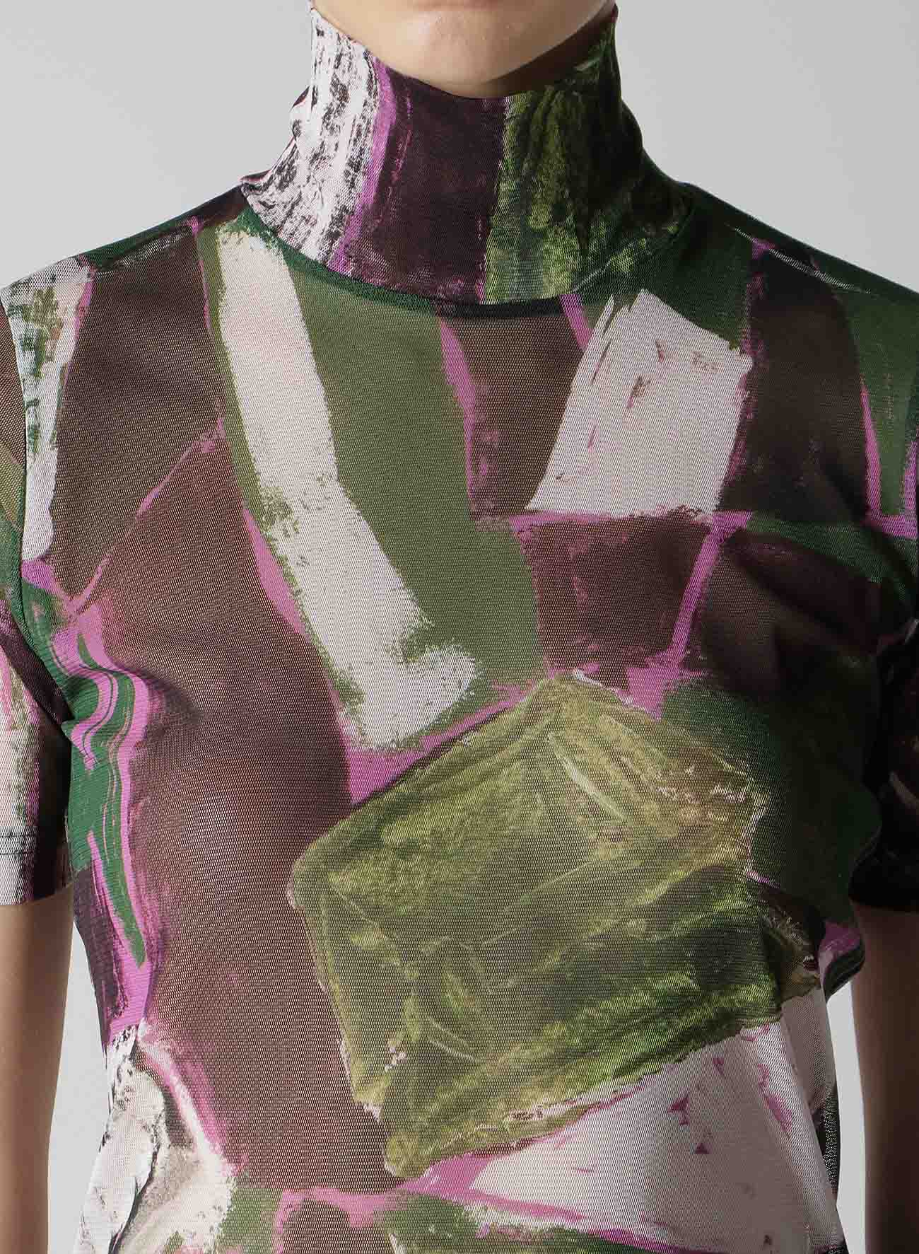 TULLE ABSTRACT PAINTING PATTERN HIGH NECK SHORT SLEEVE T