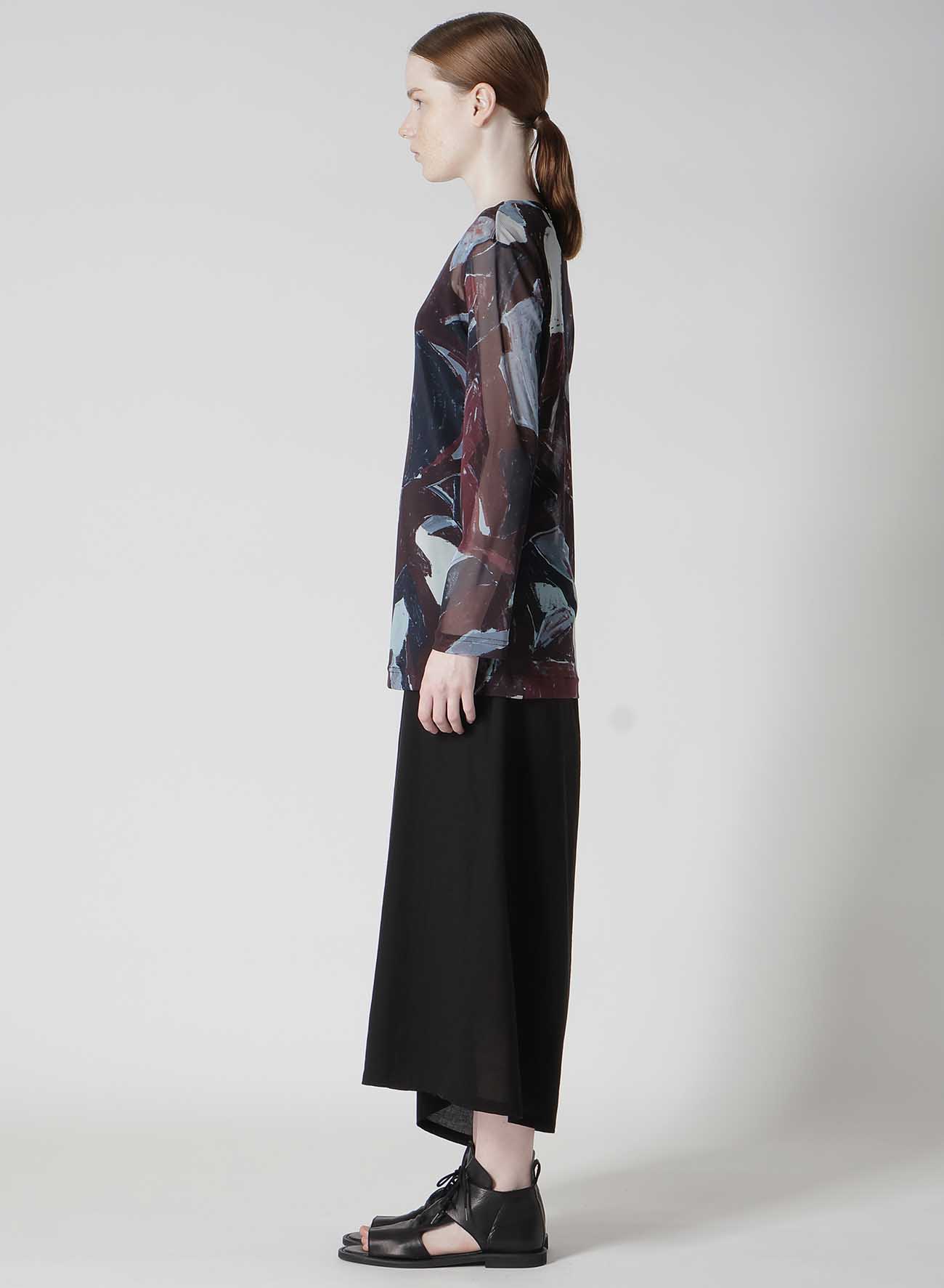 TULLE ABSTRACT PAINTING PATTERN LONG SLEEVE SHORT DRESS