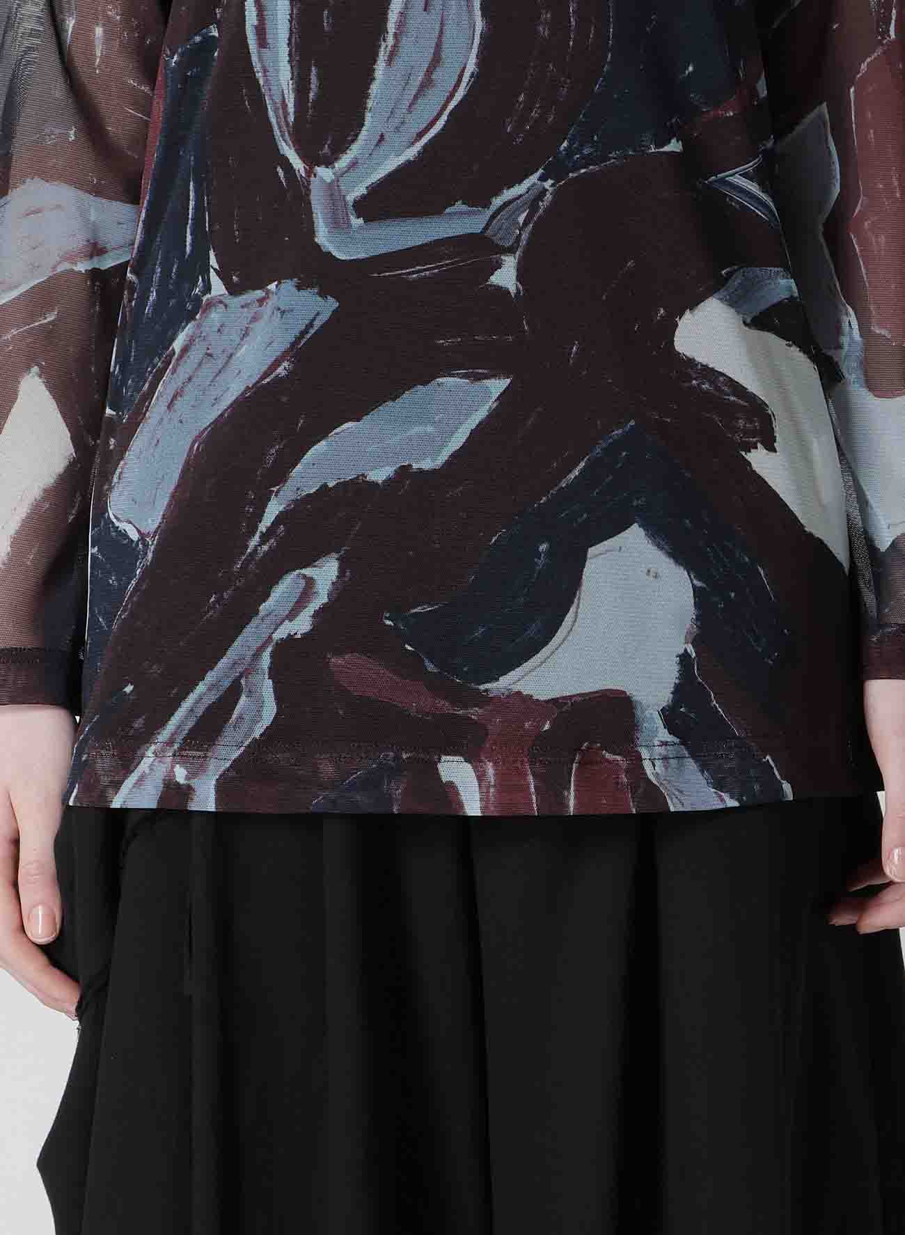 TULLE ABSTRACT PAINTING PATTERN LONG SLEEVE SHORT DRESS