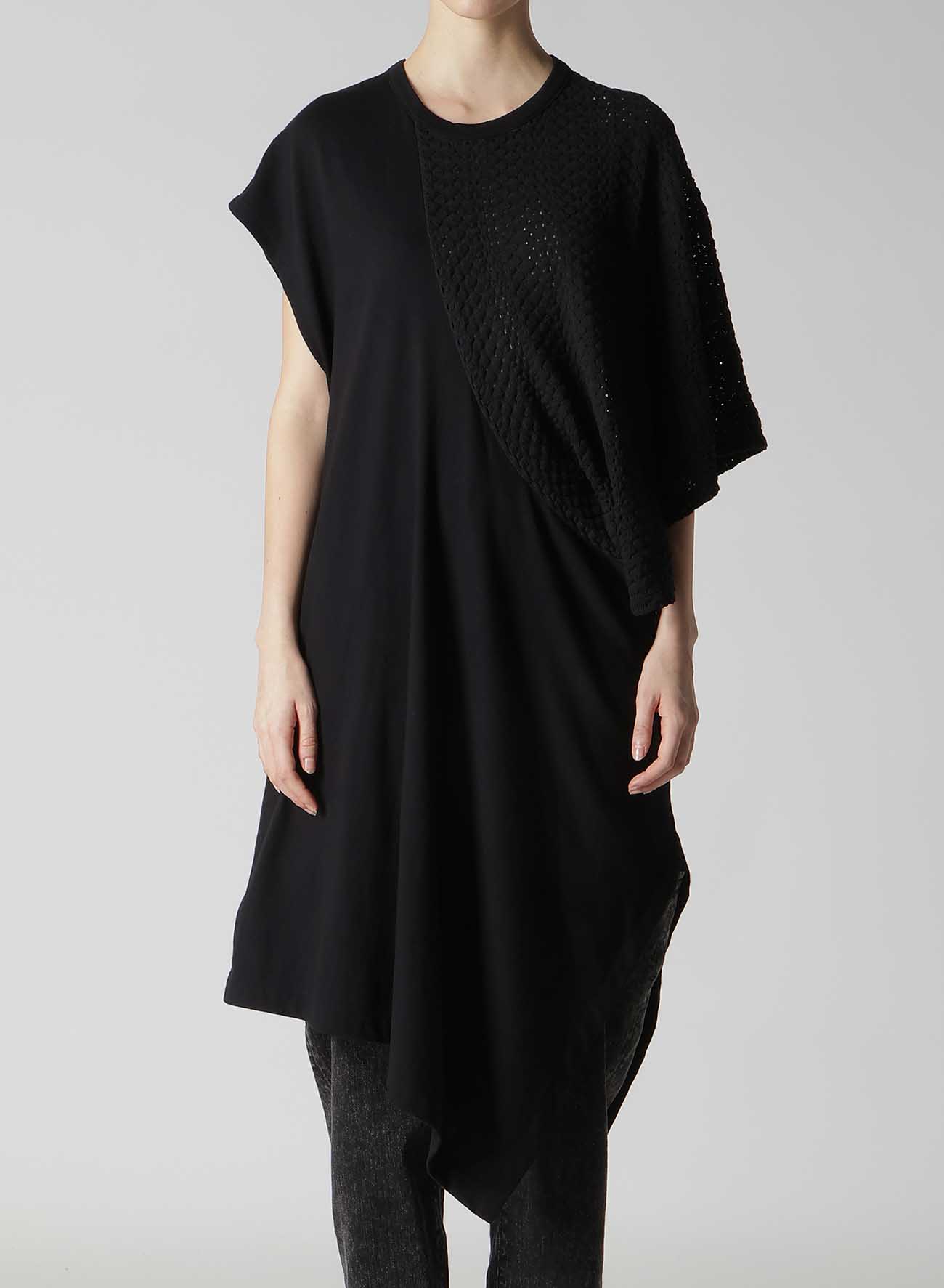 COTTON JERSEY/LACE LEFT SHOULDER DRAPE T