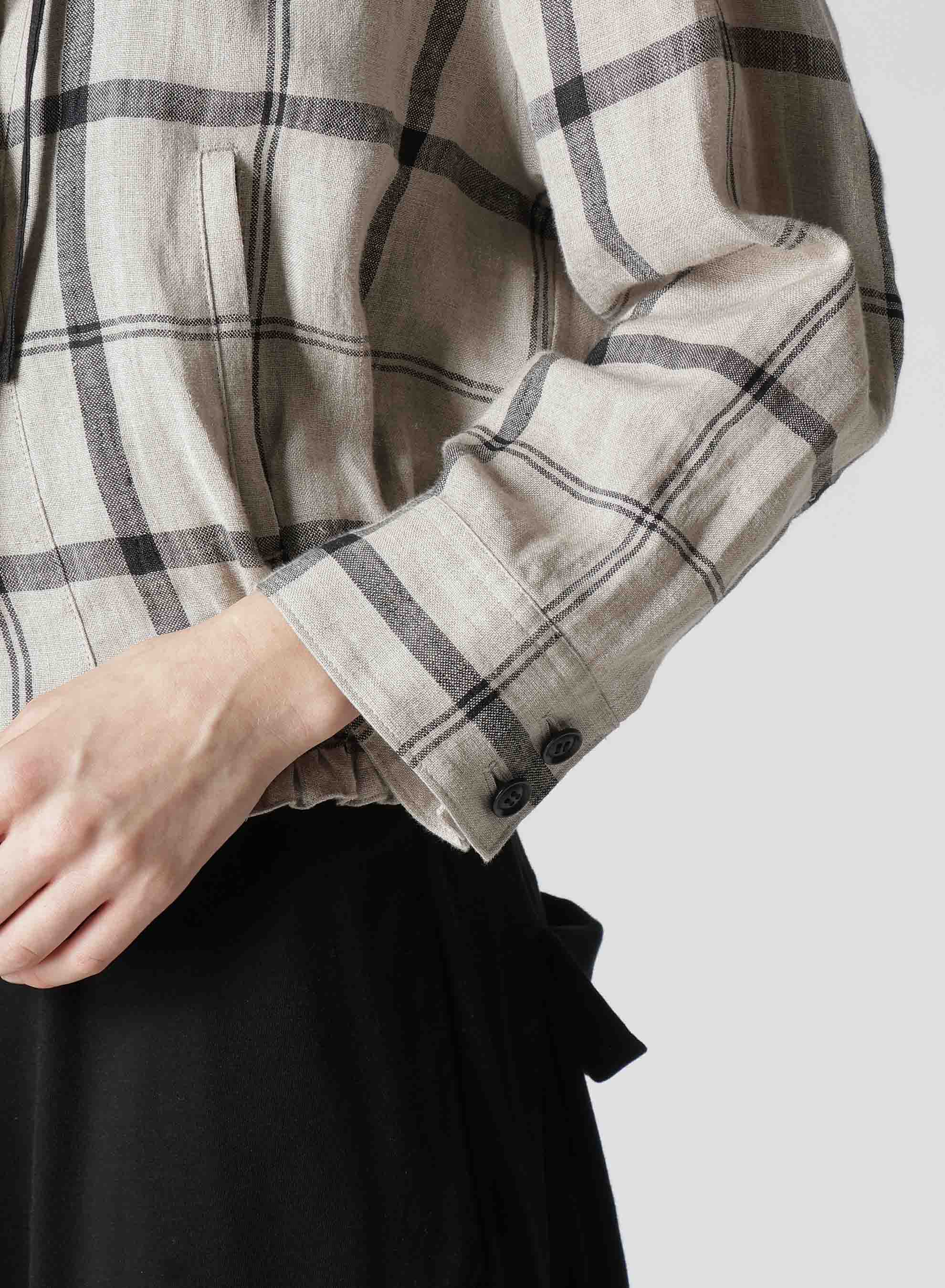 LINEN/NYLON PLAID GATHERED BLOUSE