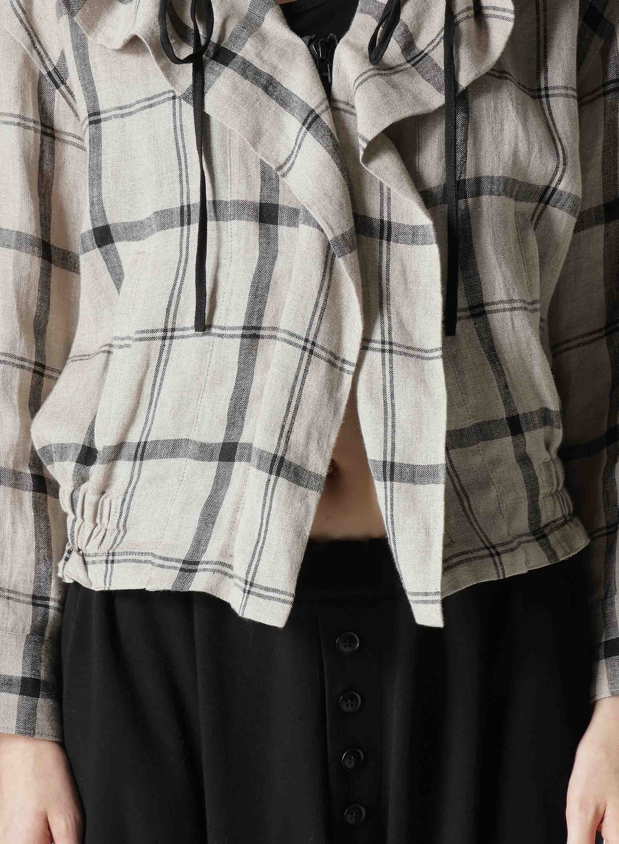 LINEN/NYLON PLAID GATHERED BLOUSE