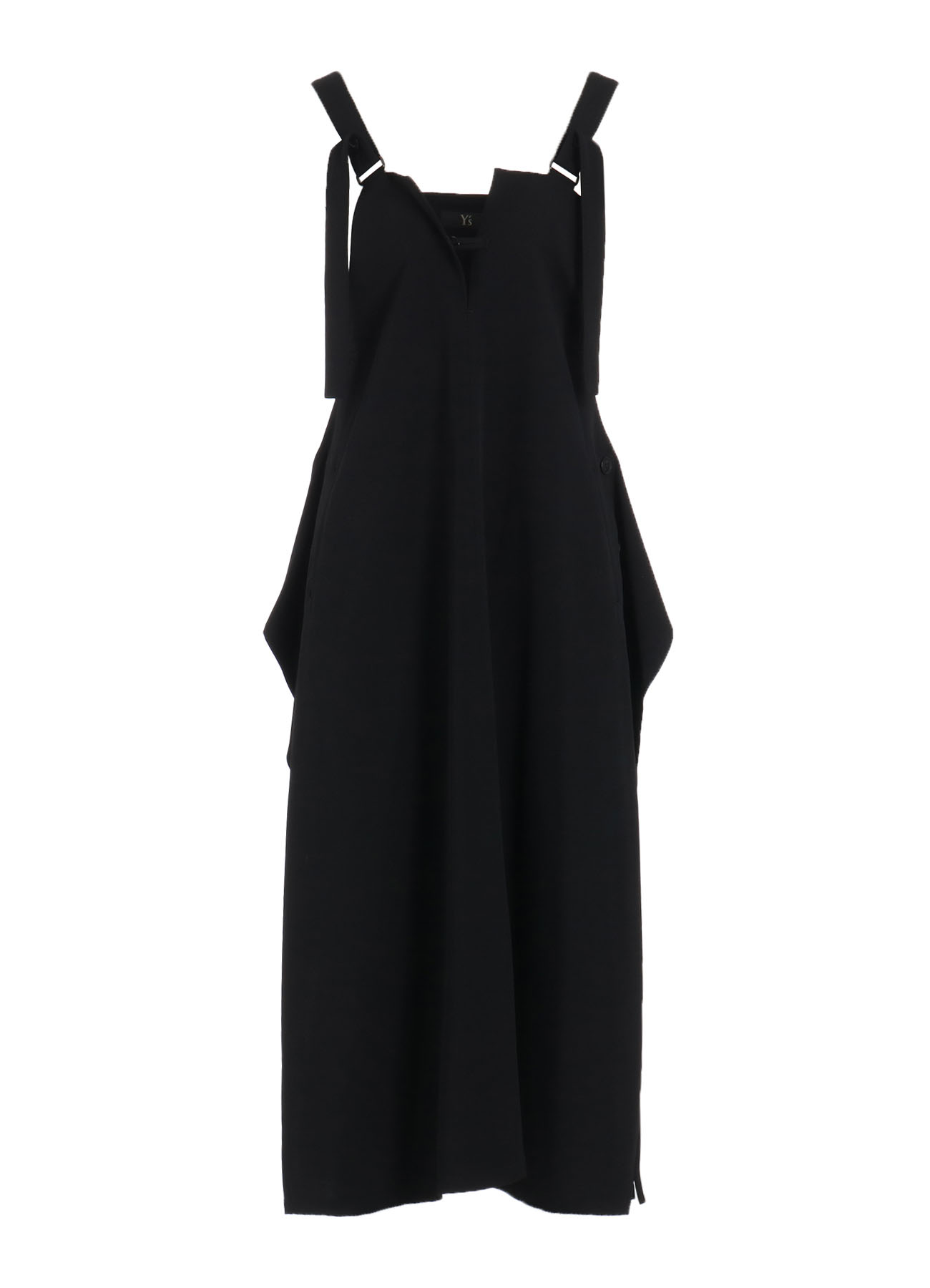 WOOL GABARDINE SIDE BUTTON SHOULDER STRAP DRESS