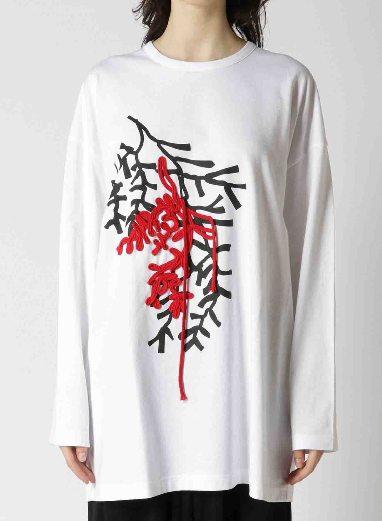 PIGMENT PRINT CORD EMBROIDERY ROUND NECK BIG LONG T