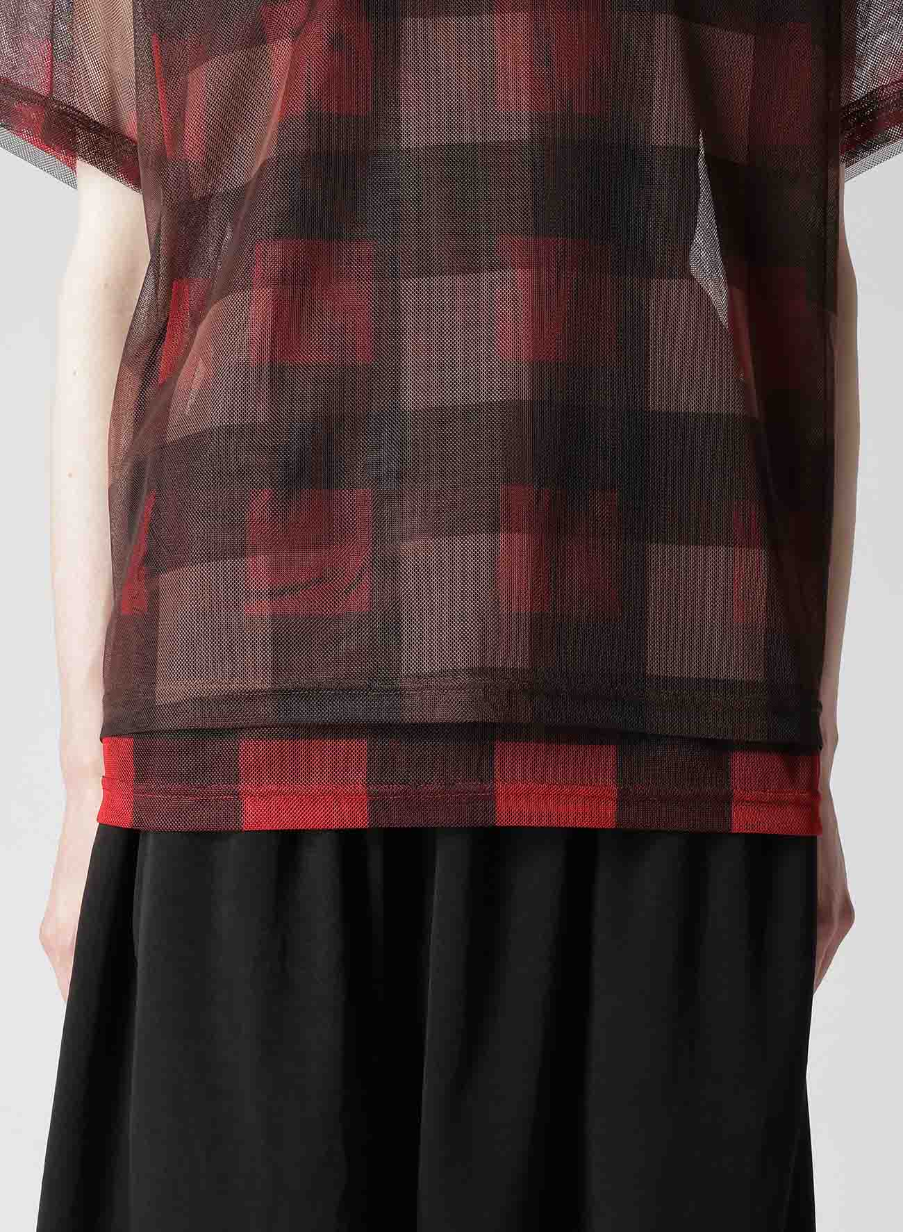 DOUBLE LAYER PLAID PRINT TULLE HALF SLEEVE T