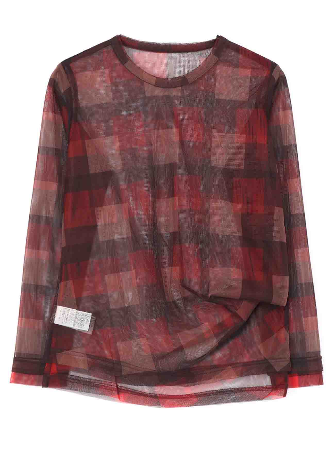 DOUBLE LAYER PLAID PRINT TULLE LONG SLEEVE T