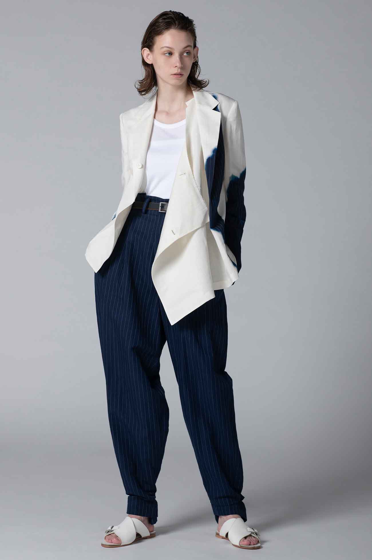 LINEN/COTTON ASYMMETRIC JACKET WITH PARTIAL PINSTRIPE PATTERN