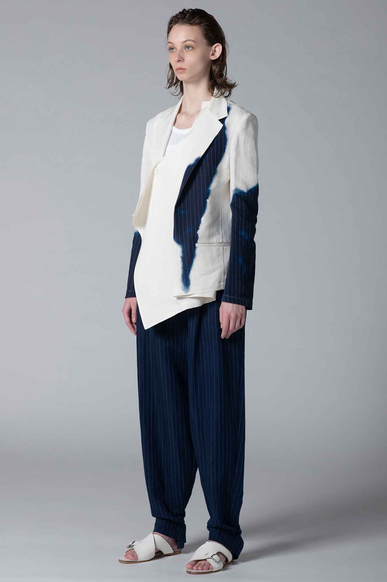 LINEN/COTTON ASYMMETRIC JACKET WITH PARTIAL PINSTRIPE PATTERN