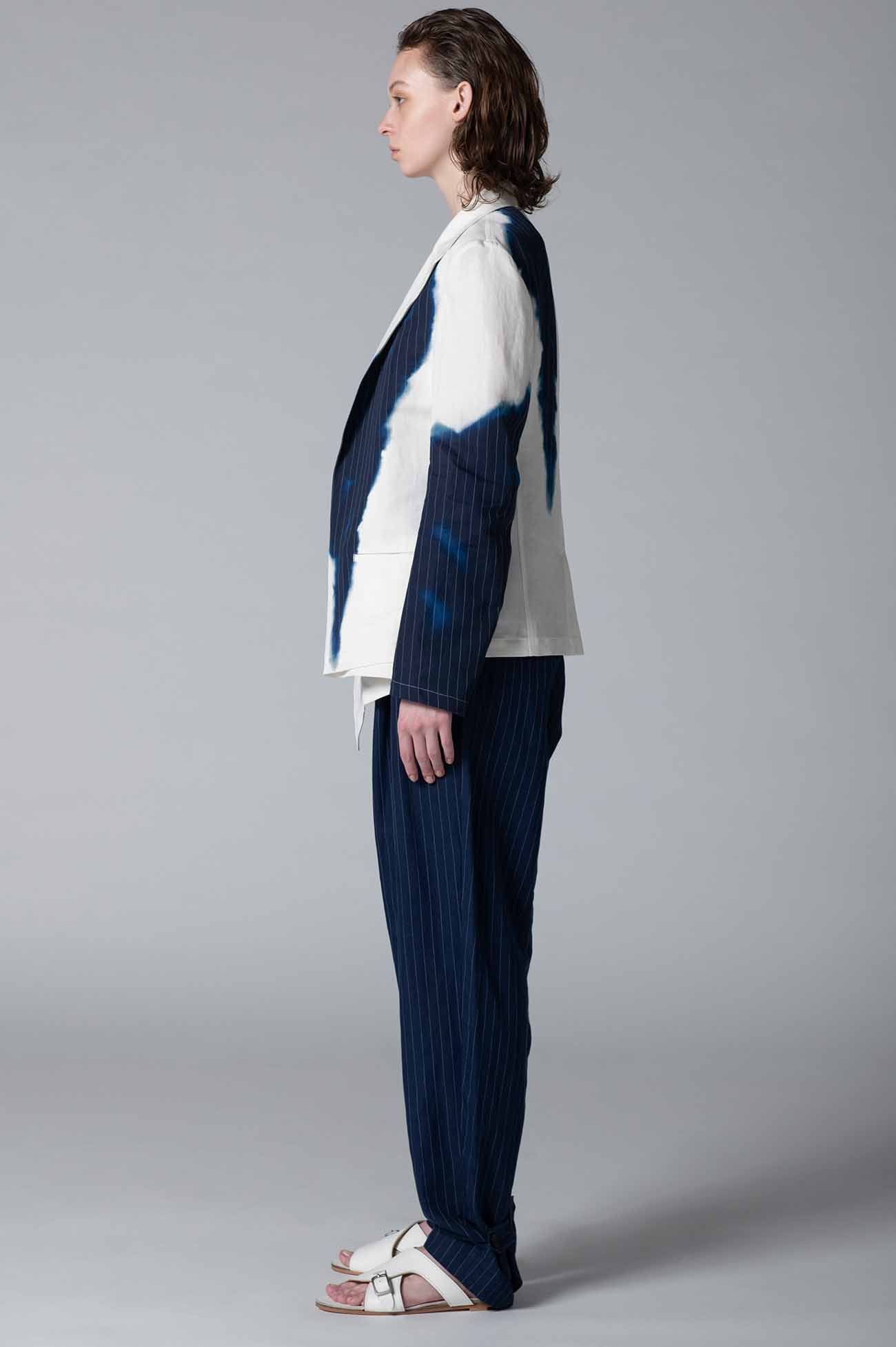 LINEN/COTTON ASYMMETRIC JACKET WITH PARTIAL PINSTRIPE PATTERN