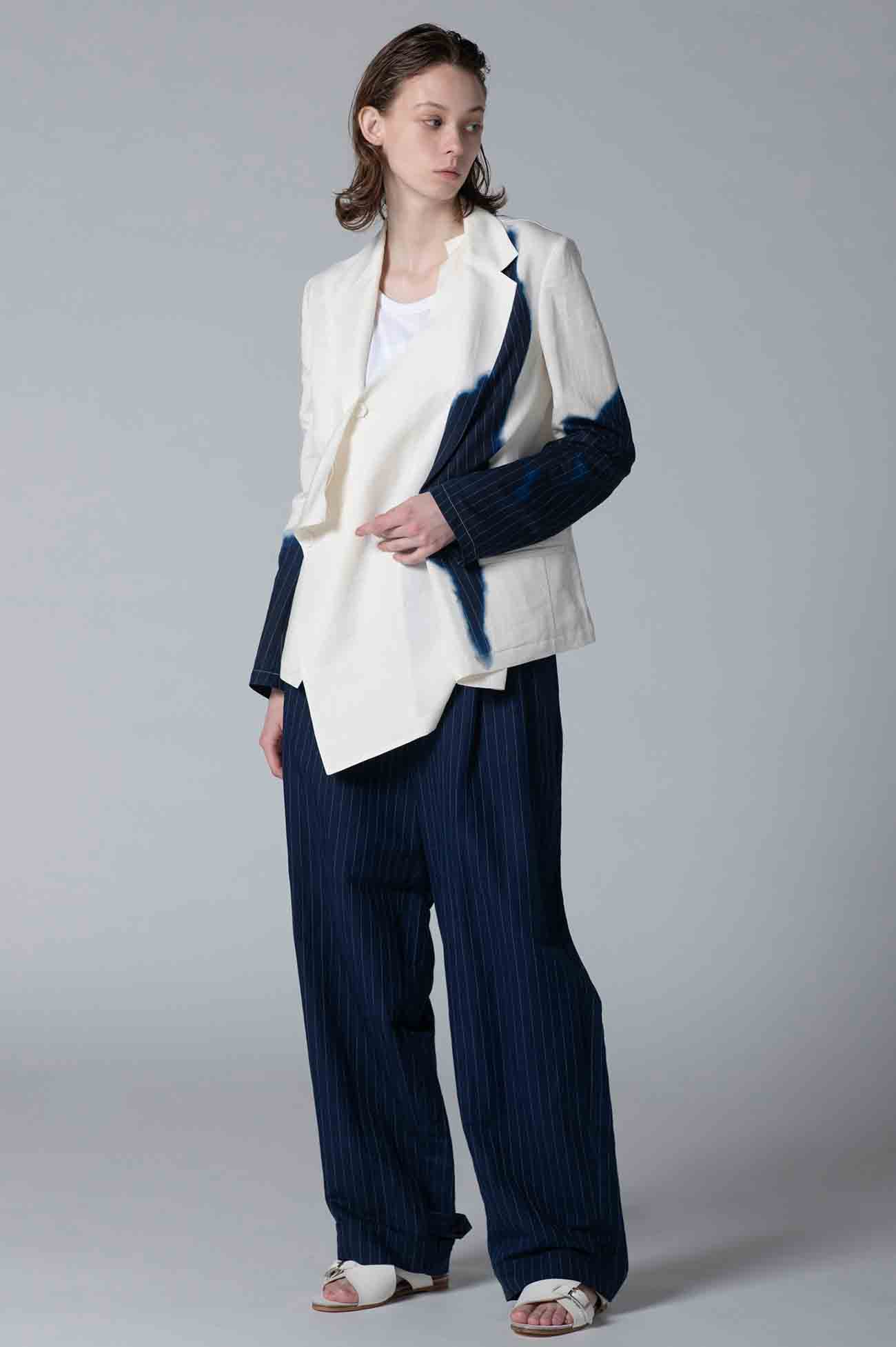 LINEN/COTTON ASYMMETRIC JACKET WITH PARTIAL PINSTRIPE PATTERN