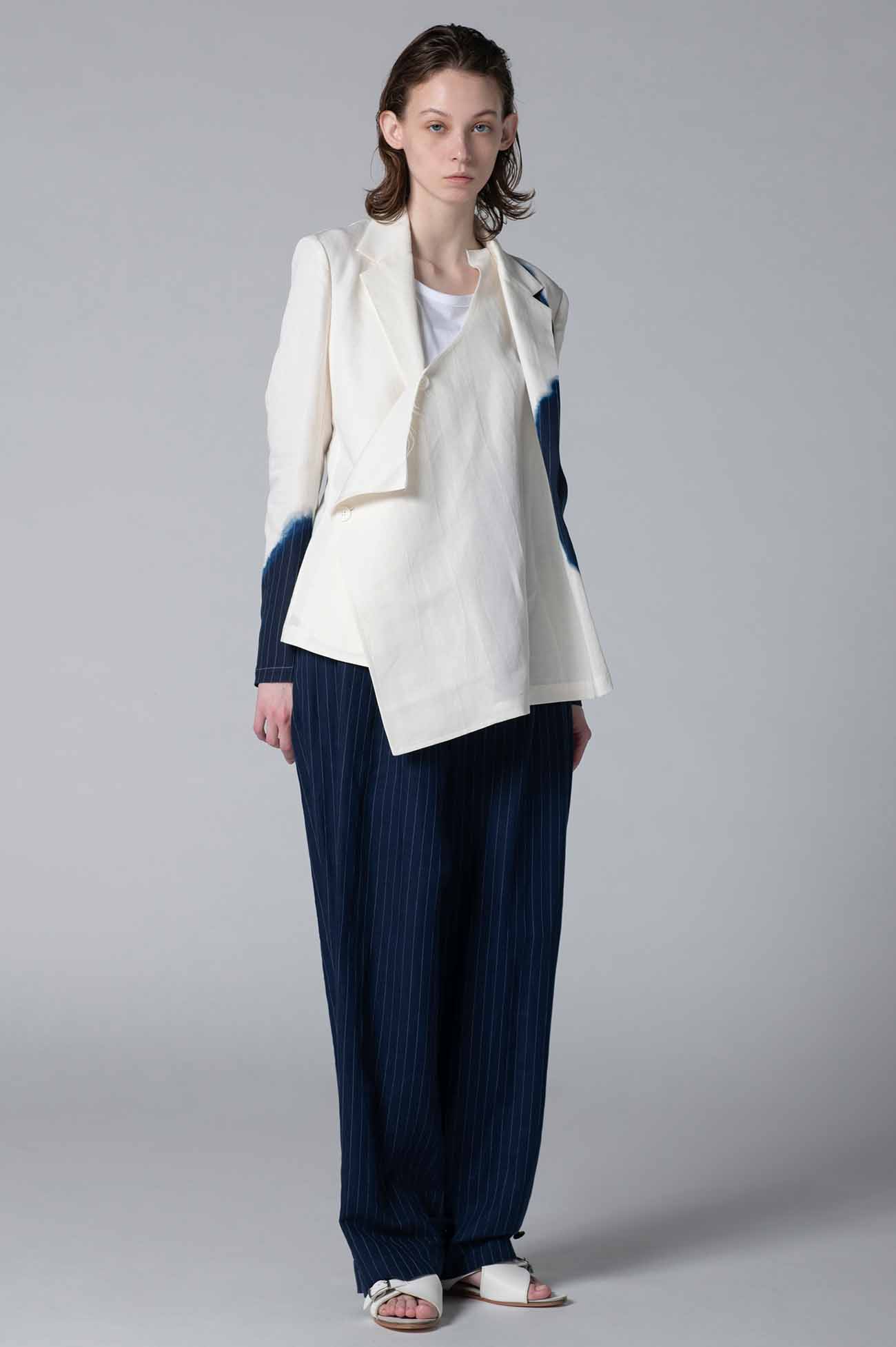 LINEN/COTTON ASYMMETRIC JACKET WITH PARTIAL PINSTRIPE PATTERN