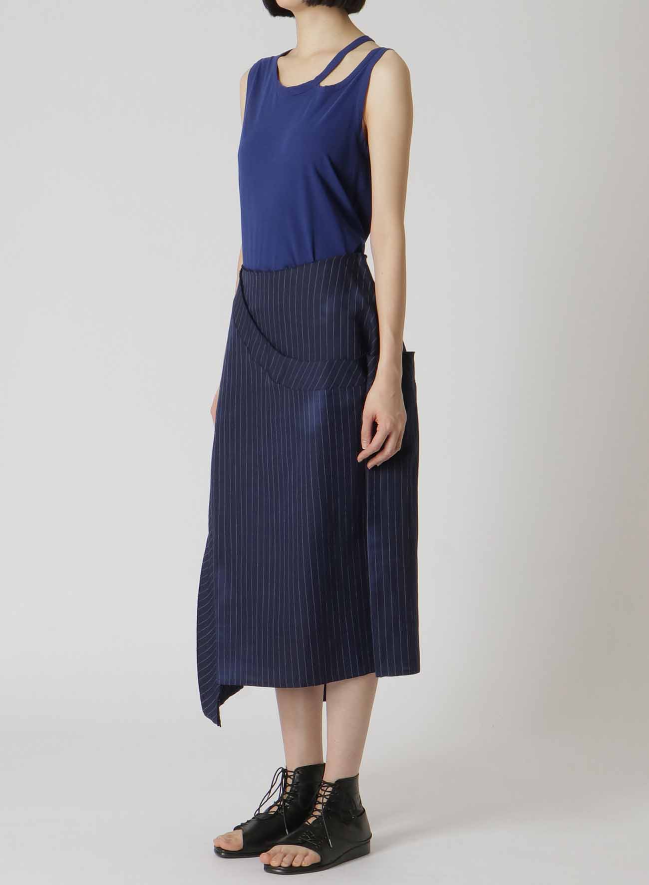 LINEN COTTON PIN-STRIPED UNEVEN DYEING PANELLED FLARE SKIRT