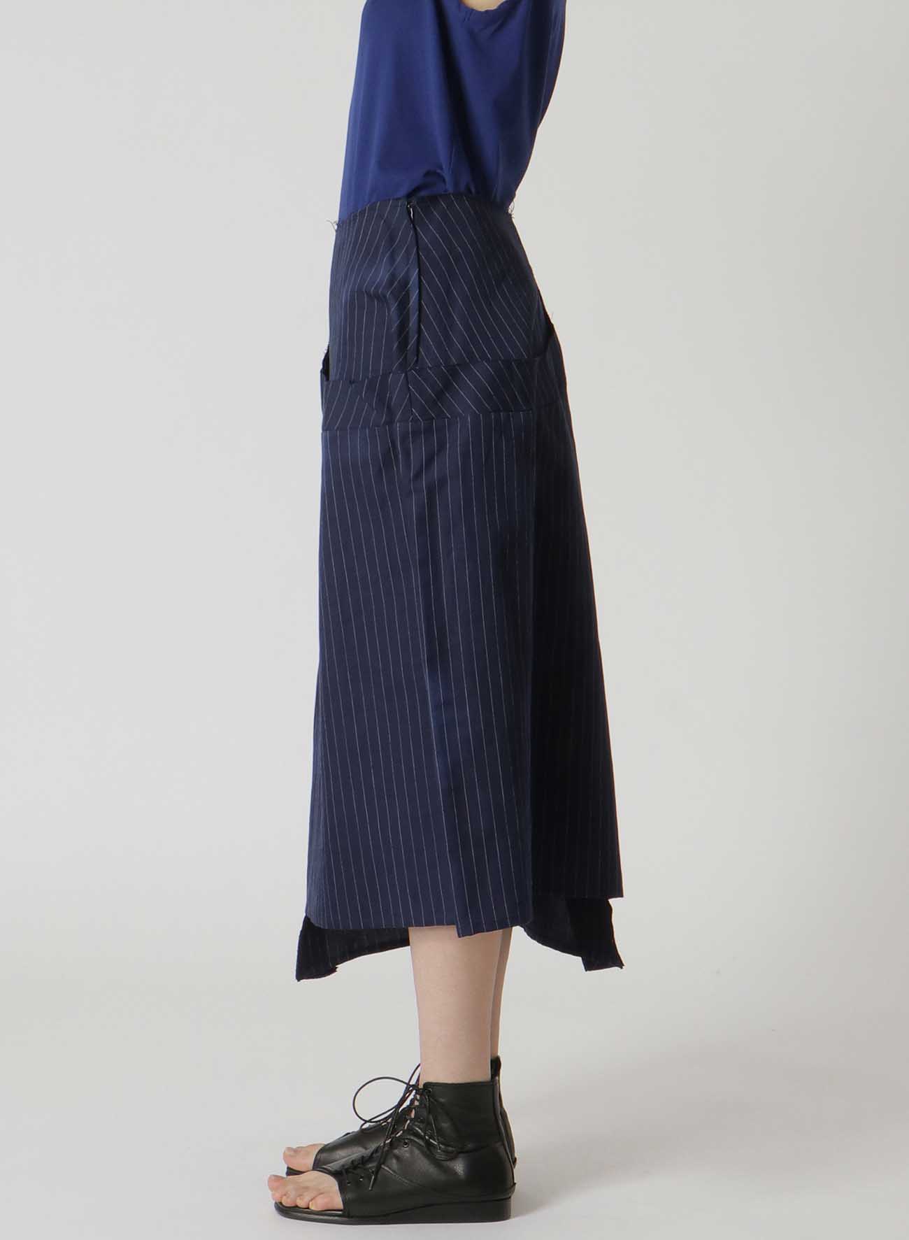 LINEN COTTON PIN-STRIPED UNEVEN DYEING PANELLED FLARE SKIRT