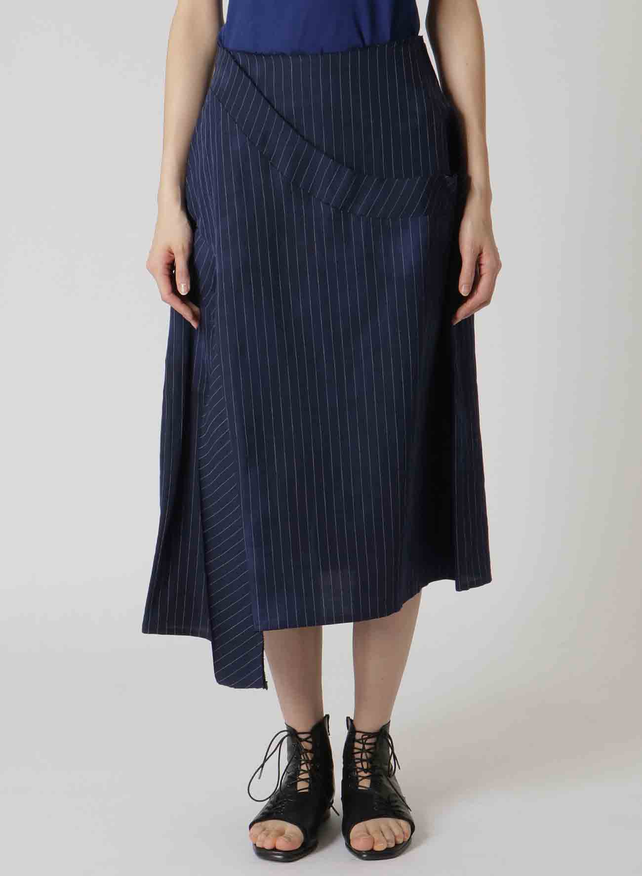 LINEN COTTON PIN-STRIPED UNEVEN DYEING PANELLED FLARE SKIRT